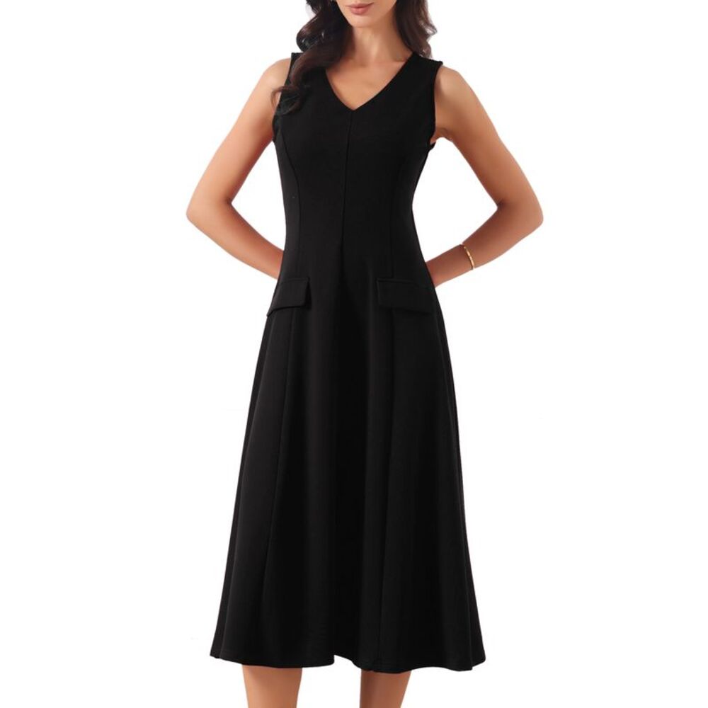 Women's Sleeveless Dress V Neck Office Work Midi A Line Dresses Black